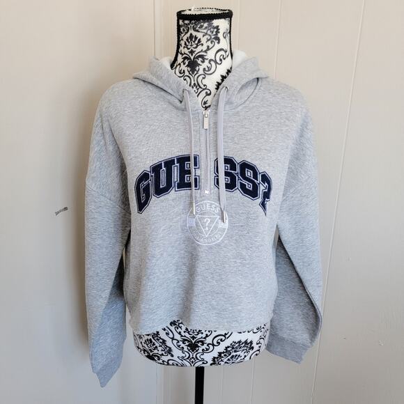 Guess Sweaters - Guess Hannah Quarter Zip Cropped Varsity Hoodie